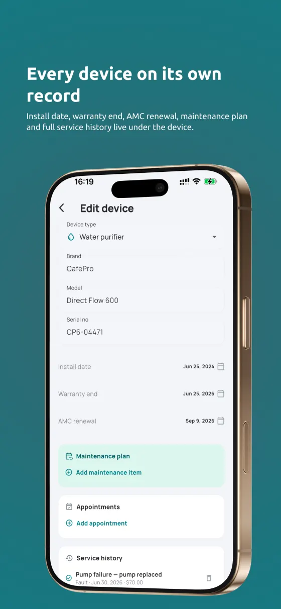 Duevo — every device on its own record, with warranty and maintenance dates