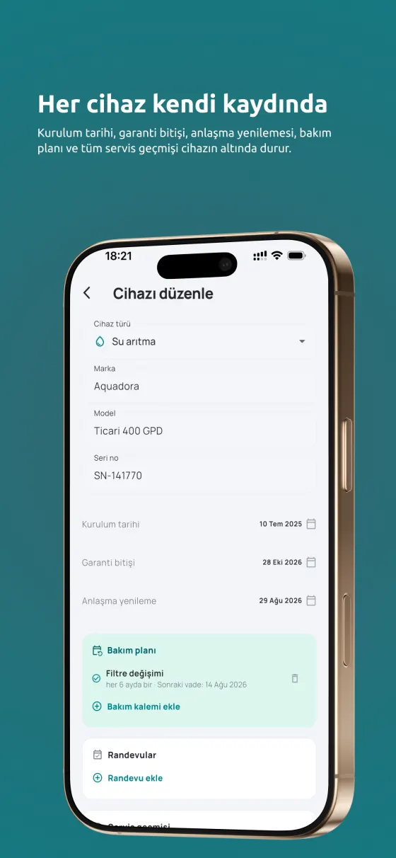Duevo — her cihaz kendi kaydında; garanti ve bakım tarihleri üstünde