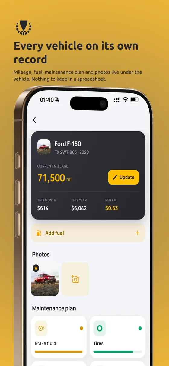 Odovo — mileage, fuel, maintenance plan and photos on each vehicle's own record