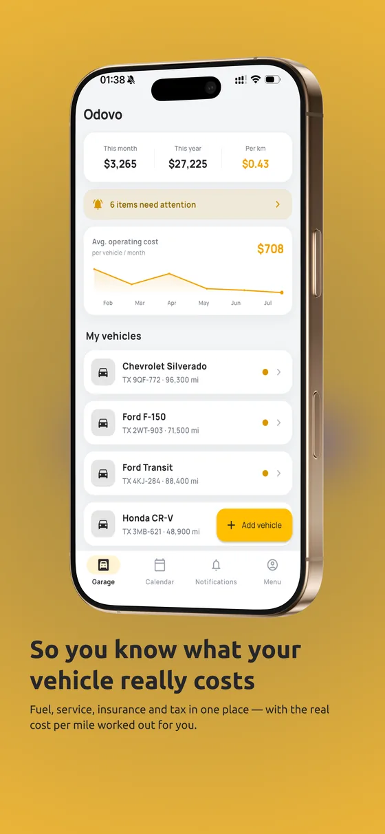 Odovo — fuel, service, insurance and tax in one place, with real cost per mile