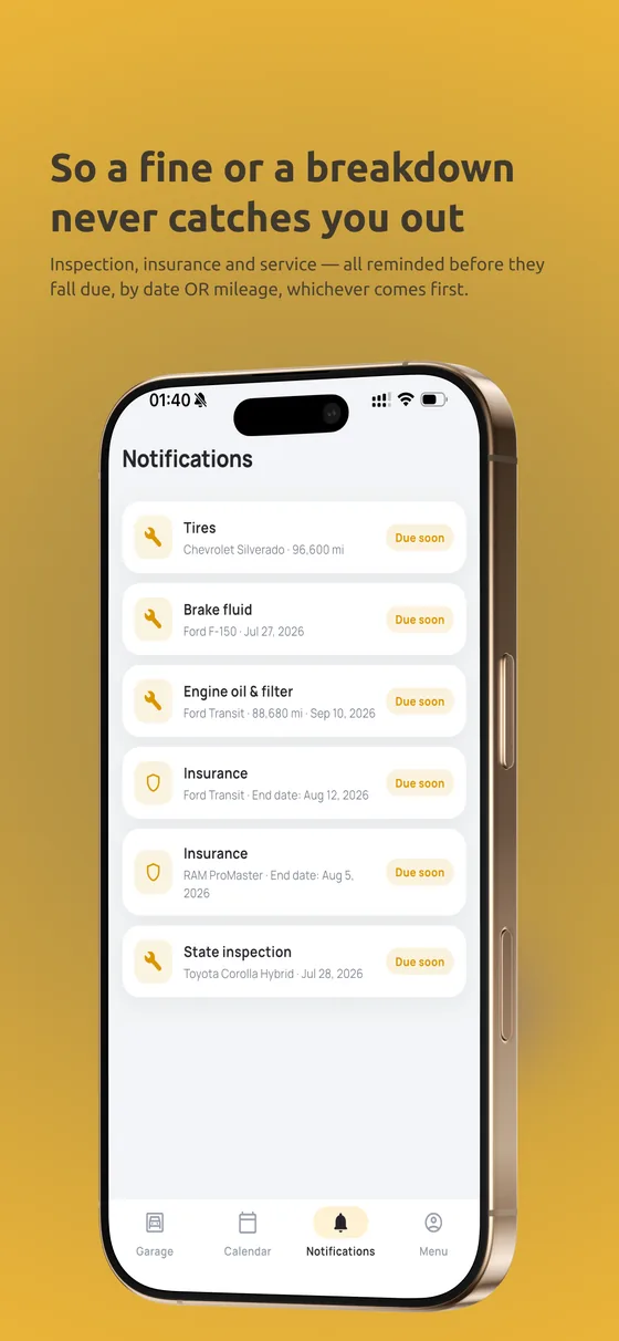Odovo — inspection, insurance and service reminded by date or by mileage