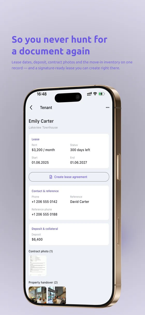 RentMind — lease dates, deposit and contract photos on one record